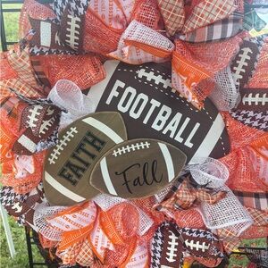 Football Themed Wreath with Orange and Brown Accents